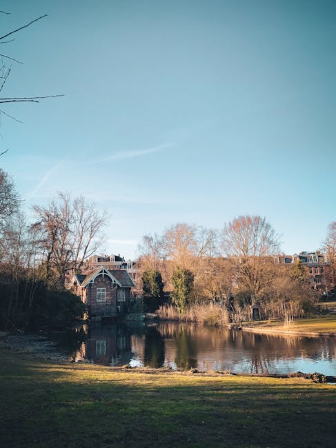 A tranquil residential scene featuring a small lake or pond bordered by a grassy area and a few leafless trees, with a modern brick house situated near the water on the left side. Nearby, several multi-story apartment buildings are visible in the background, partially obscured by trees. The sky above is clear with a few wispy clouds, and the overall setting portrays a peaceful suburban environment suitable for house removals and home relocation services by Holland Park Movers. The image highlights the outdoor space involved in moving logistics, such as loading and transporting furniture or belongings across the area, with no visible furniture or moving equipment present.