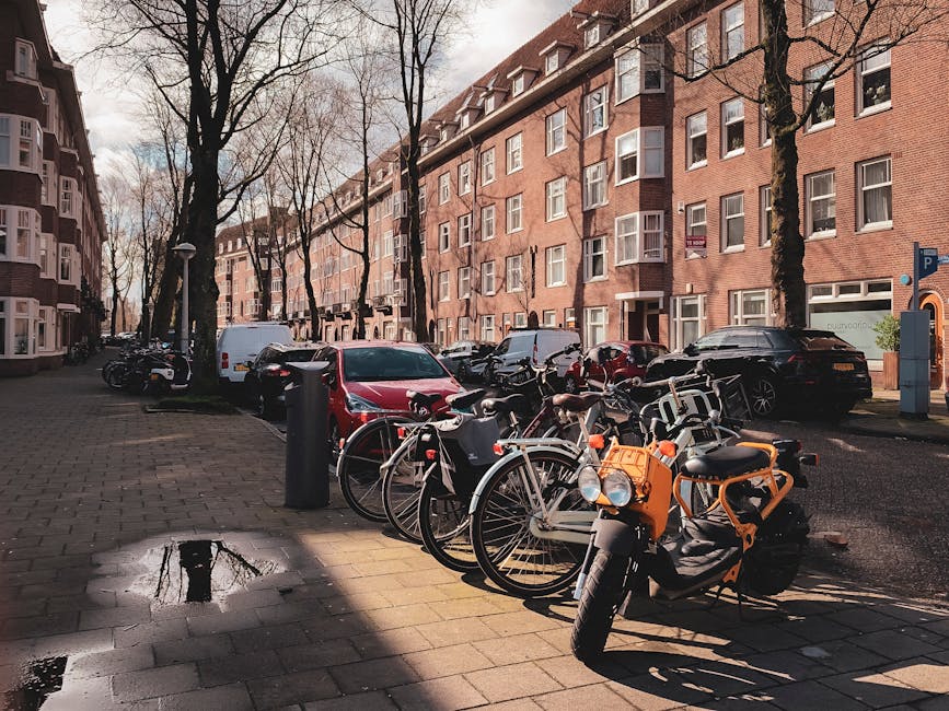 An outdoor urban scene on a residential street with a row of multi-storey brick apartment buildings featuring white-framed windows and balconies. The street is lined with leafless trees, indicating late autumn or winter, and the sky is partly cloudy with sunlight casting shadows. In the foreground, there is a paved sidewalk with a small puddle reflecting the sky, and several bicycles are parked and locked to metal bike racks, including a white bicycle with a front basket, a black bike, and an orange e-scooter. Behind the bicycles, parked cars of various colors, including white, silver, black, and red, are visible along the curb, with some partially obscured by the bike rack. The scene captures a typical residential street ready for a home relocation or moving process, with parked vehicles and bicycles near the building entrance, and no visible activity of loading or moving equipment at this moment. Holland Park Movers’ removal services are supported by the context of organized parking and transport logistics.