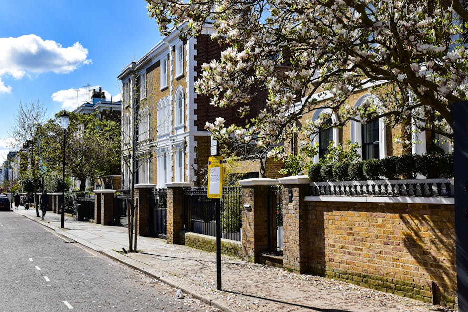 A residential street in a suburban area showing a row of multi-story brick houses with white window frames and decorative elements, separated by brick and metal fences with gates, and surrounded by blooming trees with white flowers, indicating springtime. On the pavement, there is a yellow bus stop sign, and nearby are several young trees supported by wooden stakes. The street has a paved sidewalk with some small patches of grass, and a few pedestrians are visible in the distance. The sky above is bright with scattered clouds, and sunlight casts shadows on the buildings and pavement. This setting illustrates a typical London neighbourhood, where house removals and furniture transport services such as those provided by Holland Park Movers are common during home relocations, including packing and loading activities that often take place on streets like this.