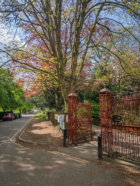 A residential street in a suburban area showing a row of multi-story brick houses with white window frames and decorative elements, separated by brick and metal fences with gates, and surrounded by blooming trees with white flowers, indicating springtime. On the pavement, there is a yellow bus stop sign, and nearby are several young trees supported by wooden stakes. The street has a paved sidewalk with some small patches of grass, and a few pedestrians are visible in the distance. The sky above is bright with scattered clouds, and sunlight casts shadows on the buildings and pavement. This setting illustrates a typical London neighbourhood, where house removals and furniture transport services such as those provided by Holland Park Movers are common during home relocations, including packing and loading activities that often take place on streets like this.